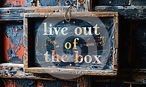 Chalkboard sign with live out of the box encourages creativity and unconventional thinking, set against a rustic wooden backdrop