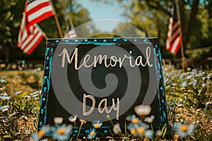 Chalkboard sign with Memorial Day message among flowers, suitable for holiday commemorations.