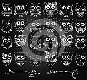 Chalkboard Style Vector Set of Cute Owls