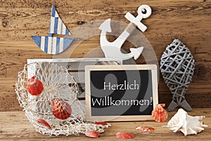 Chalkboard With Summer Decoration, Willkommen Means Welcome