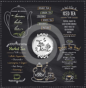 Chalkboard tea time menu list designs set for cafe or restaurant