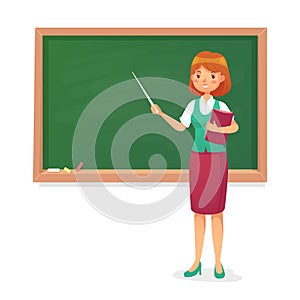 Chalkboard and teacher. Female professor teach at blackboard. Lessons woman teachers at school board cartoon vector photo