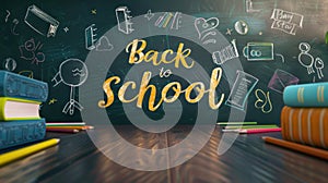 A chalkboard with a Text Back to school with books and pencils over chalkboard background.