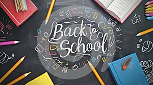 A chalkboard with a Text Back to school with books and pencils over chalkboard background.