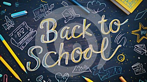 A chalkboard with a Text Back to school with books and pencils over chalkboard background.