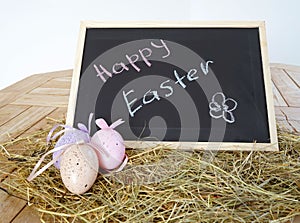 Chalkboard with text Happy Easter and decorative eggs