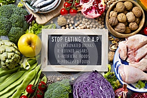 Unprocessed food and text stop eating CRAP photo