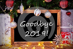 Chalkboard, Tree, Gift, Fairy Lights, Text Goodbye 2019