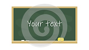 Chalkboard in a wooden frame with place for text. School board with chalk and sponge isolated on white background. Vector
