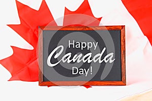 Chalkboard with the word Happy Canada Day on the national flag. Feast of 1 July.