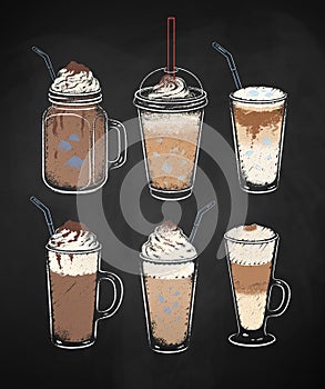 Chalked collection of dessert coffee drinks