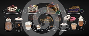 Chalked illustration set of coffee cups and desserts