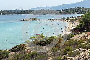 CHALKIDIKI, CENTRAL MACEDONIA, GREECE - AUGUST 26, 2014: Seascape of Lagonisi Beach at Sithonia peninsula, Chalkidiki