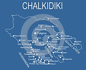 Chalkidiki map line contour vector silhouette illustration isolated on blue background.