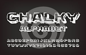 Chalky alphabet font. Hand drawn wide letters, numbers and symbols.