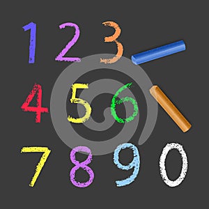 Chalky Numbers of one to zero, chalk texture on dark background, vector illustration