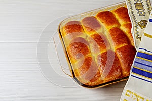 Challah bread with. Pastry,flour and sesame seeds.selective focus