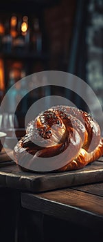 Challah Bread On Stone Rustic Pub Mobile Wallpeper Postcard. Generative AI photo