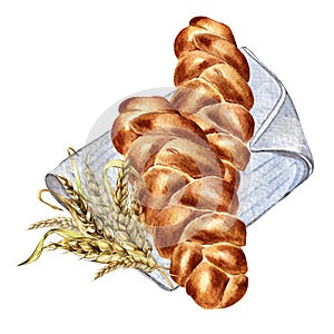 Challah tradition Jewish bread watercolor illustration isolated on white background. Hand drawn Israelite bread on