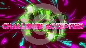 Challenge accepted text over neon banner against digital waves and golden crystals on red background