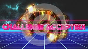 Challenge accepted text over neon banner against golden crystals and blue grid network