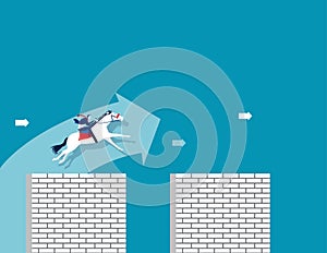 Challenge. Businessman ride a horse and jump a cross wall. Concept business vector illustration