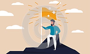 Challenge concept with man on hill mountain and climb high. People motivation illustration vector and character strategy direction