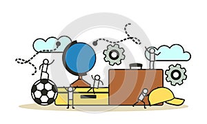 Challenge journey man and woman vector concept illustration with suitcase,ball,cap. Business achievement career success goal.