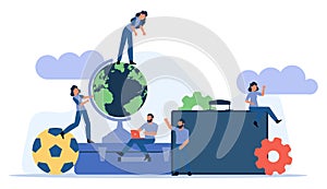 Challenge journey man and woman vector concept illustration with suitcase,ball,cap. Business achievement career success goal.