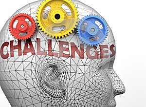 Challenges and human mind - pictured as word Challenges inside a head to symbolize relation between Challenges and the human