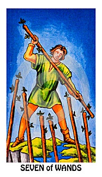 Seven of Wands Tarot Card Challenges Opposition Enemies Rivalry Competition Gritty Determination Tenacity Stamina photo