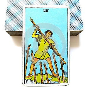7 Seven of Wands Tarot Card Challenges Opposition Enemies Rivalry Competition Gritty Determination Tenacity Stamina