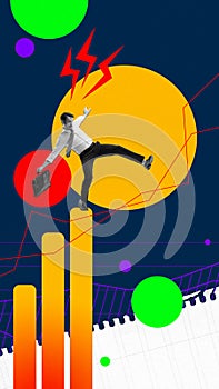 Challenges and struggles. Businessman balancing on analytical graphs. Overcoming professional difficulties. Contemporary