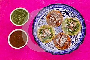 Chalupas poblanas, mexican food Puebla Mexico on a pink background
