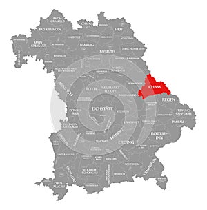 Cham county red highlighted in map of Bavaria Germany