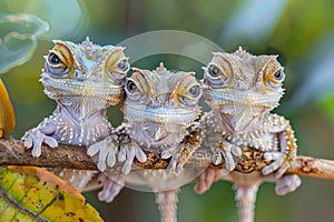 Chamaleon Baby group of animals hanging out on a branch, cute, smiling, adorable Generative AI