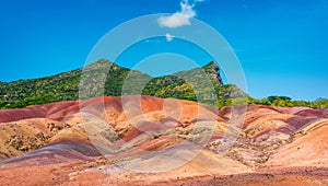 Chamarel Seven Colored Earth Geopark in Mauritius Island. Colorful panoramic landscape about this volcanic geological formation