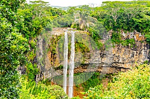 Chamarel Waterfall in lush tropical greenery of Mauritius, Indian Ocean