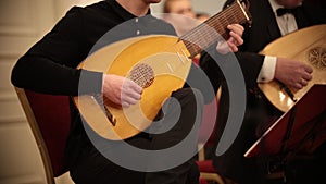 Chamber orchestra. A man sitting on a chair and playing lute on a musical performance