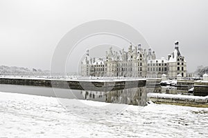 Chambord castles under the snow in February, the Loire Valley, France