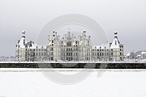 Chambord castles under the snow in February, the Loire Valley, France