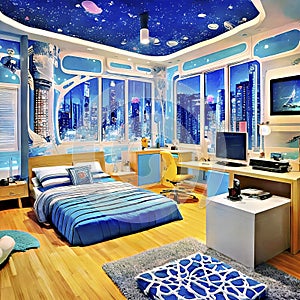 Chambre moderne futuriste bleue
