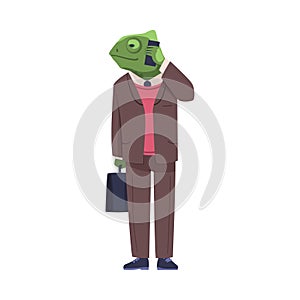 Chameleon as Reptile Office Employee Wearing Formal Corporate Suit Speaking by Phone Vector Illustration