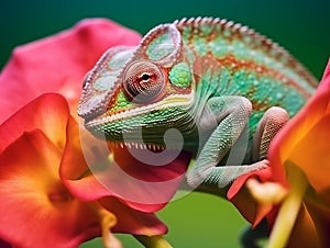 Chameleon on the background of a flower close-up.