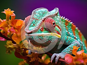 Chameleon on the background of a flower close-up.