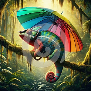A chameleon blending in with a colorful umbrella in a rainfore