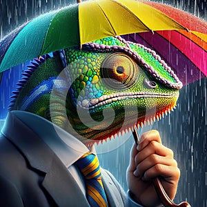 A chameleon blending in with a rainbow umbrella and a tie, pho