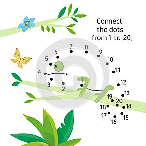 Chameleon on branch. Dot to dot. Connect dots from 1 to 20. Game for children. Vector illustration.