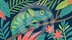 Chameleon on branch, reptile wildlife vector design Generative AI photo
