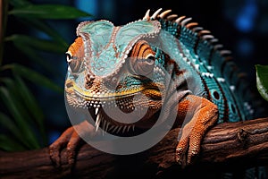 Chameleon on a branch. Veiled chameleon sitting on a branch. photo